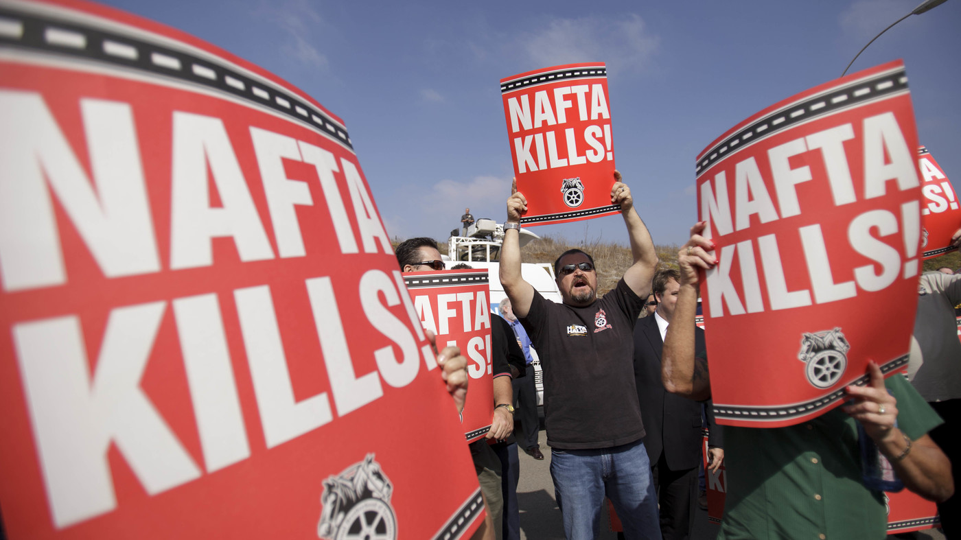 Teamsters union members in San Diego rail against the NAFTA trade deal in 2011.